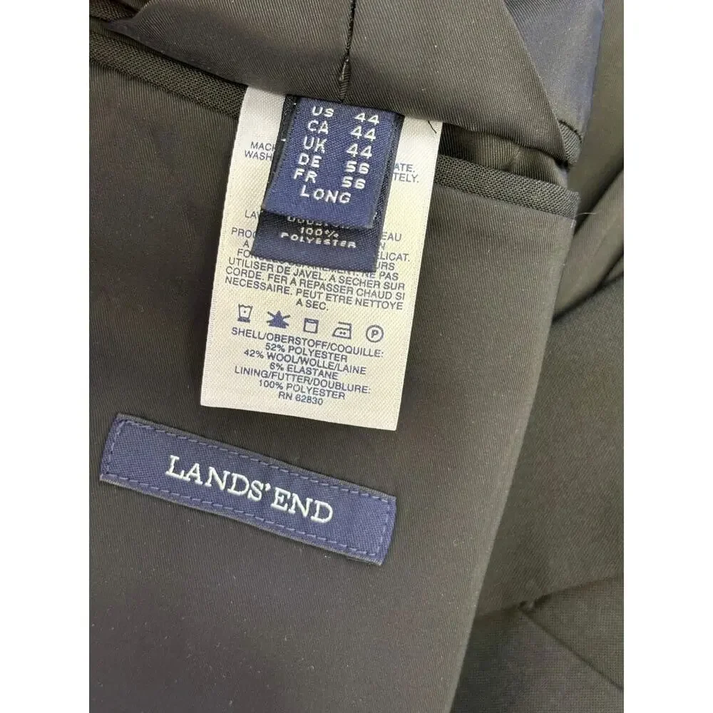 Lands' End Wool Blend Blazer Suit Coat Jacket Mens 44L Black Two Button Lined